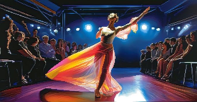 A dancer in a colorful costume performing on stage with a robotic arm mimicking her movements, surrounded by vibrant stage lights and an audience.