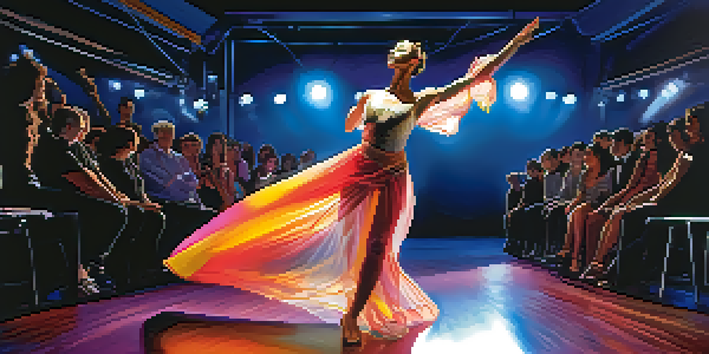 A dancer in a colorful costume performing on stage with a robotic arm mimicking her movements, surrounded by vibrant stage lights and an audience.