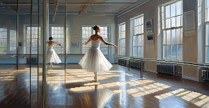 A ballerina practicing at the barre in a dance studio filled with morning light and mirrors.