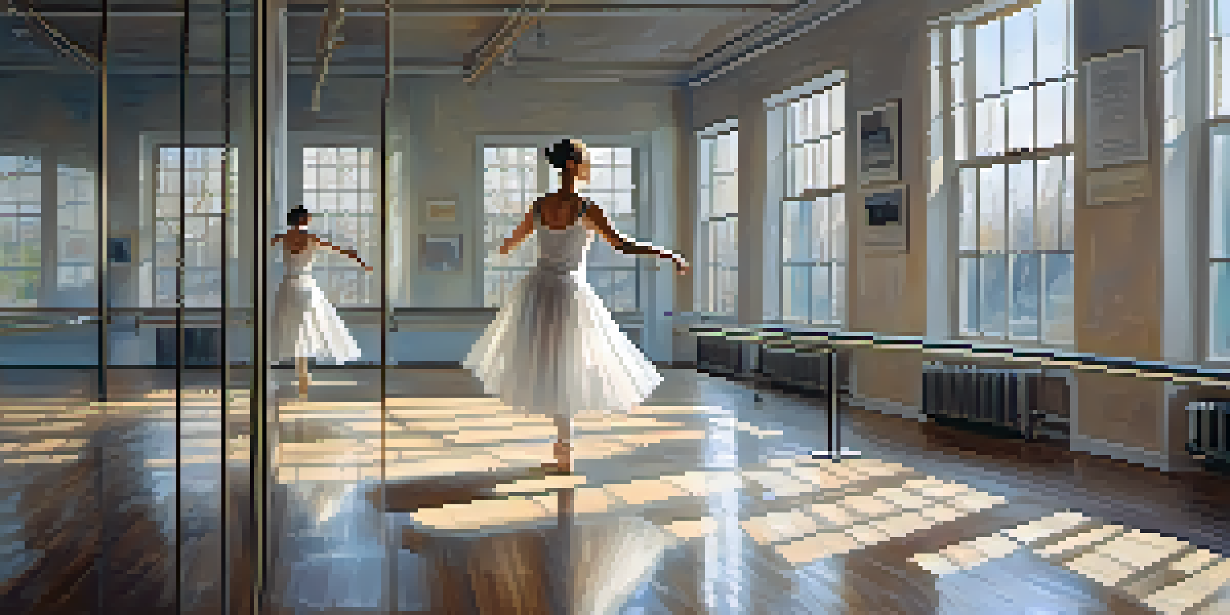 A ballerina practicing at the barre in a dance studio filled with morning light and mirrors.