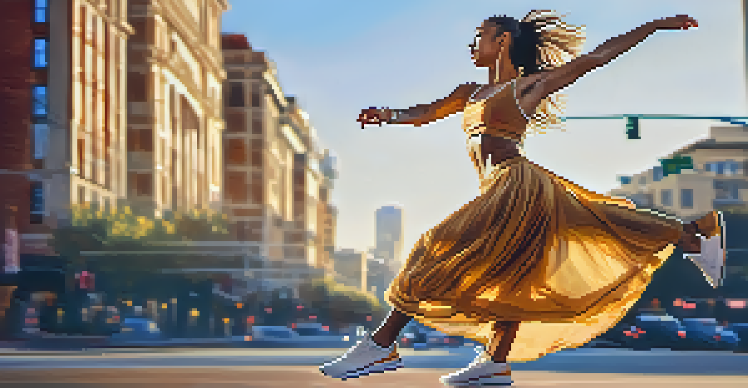 A female street dancer captured in motion, wearing a flowing skirt and sneakers, with a blurred cityscape in the background during golden hour.