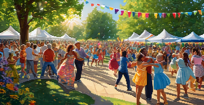 A lively dance event in a sunny park with people of different ages and backgrounds dancing together, surrounded by nature and colorful decorations.