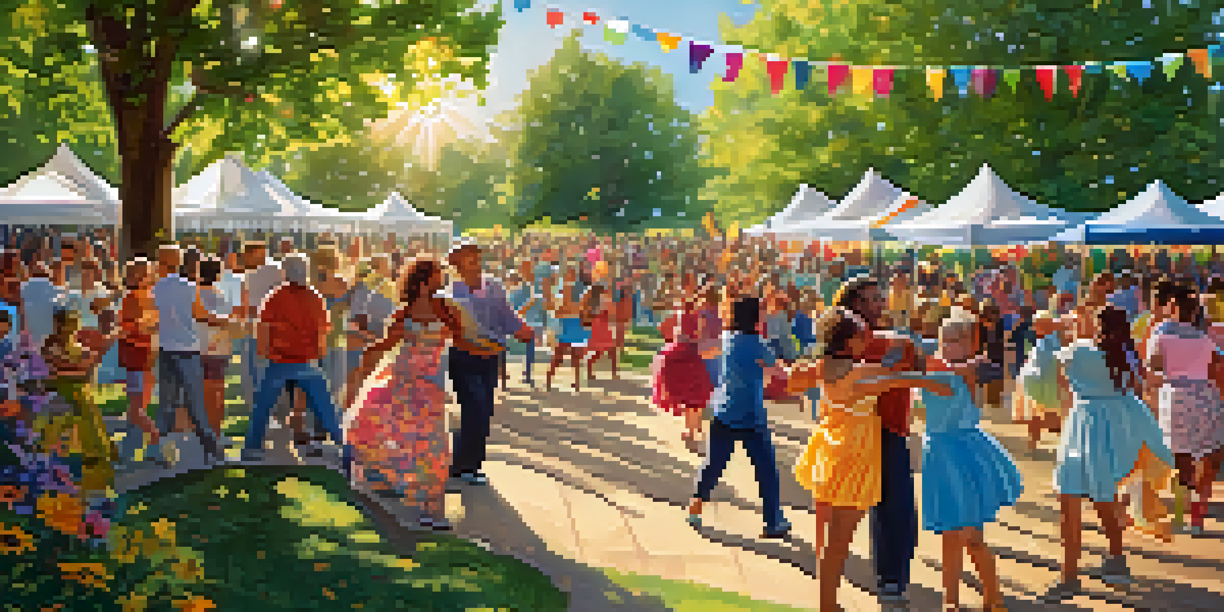 A lively dance event in a sunny park with people of different ages and backgrounds dancing together, surrounded by nature and colorful decorations.