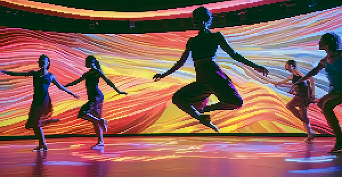 A group of dancers performing on stage with colorful lights and dynamic patterns in the background, showcasing fluid movements.