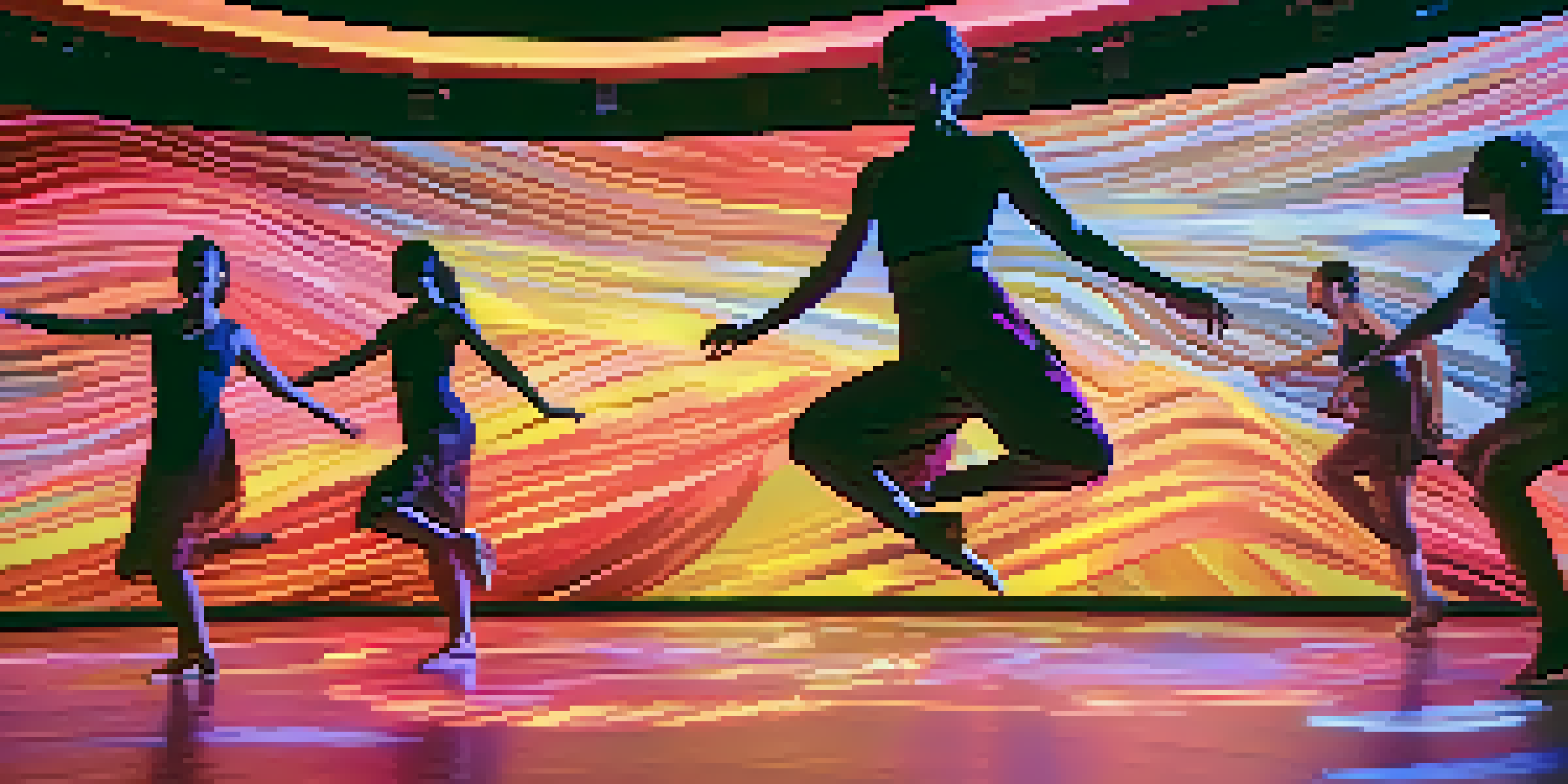 A group of dancers performing on stage with colorful lights and dynamic patterns in the background, showcasing fluid movements.
