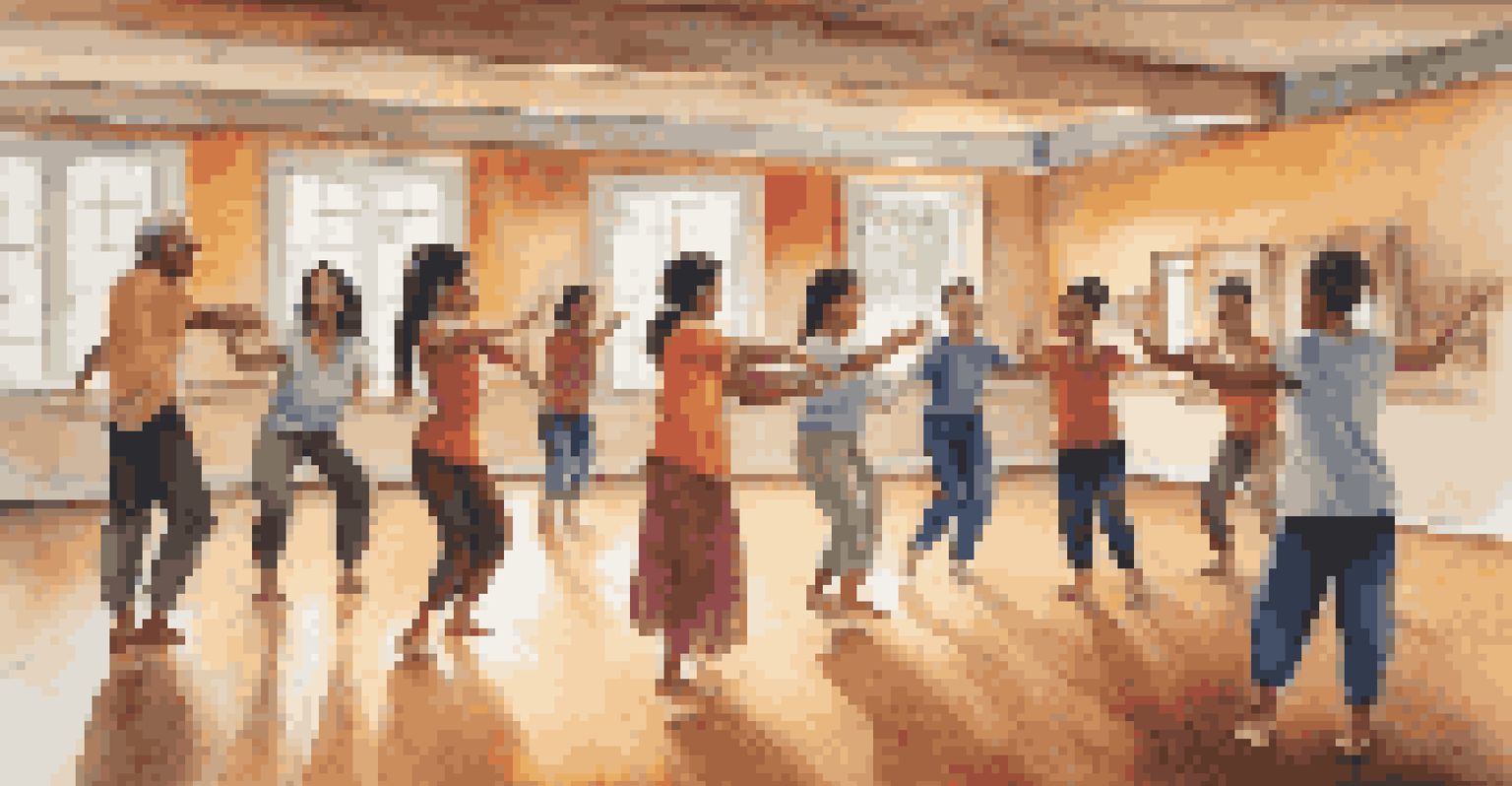 An instructor teaching a traditional dance move to a diverse group of students in a warmly lit community center filled with cultural decorations.