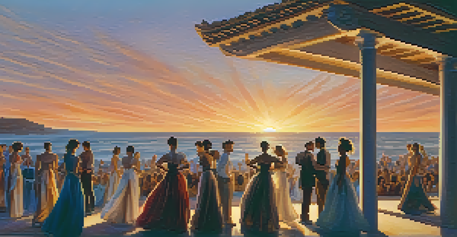 Dancers performing a narrative choreography outdoors at sunset, with their costumes flowing and an engaged audience watching.