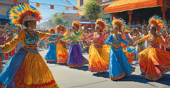 A lively street festival with traditional dancers in colorful costumes performing, surrounded by an engaged crowd and festive decorations.