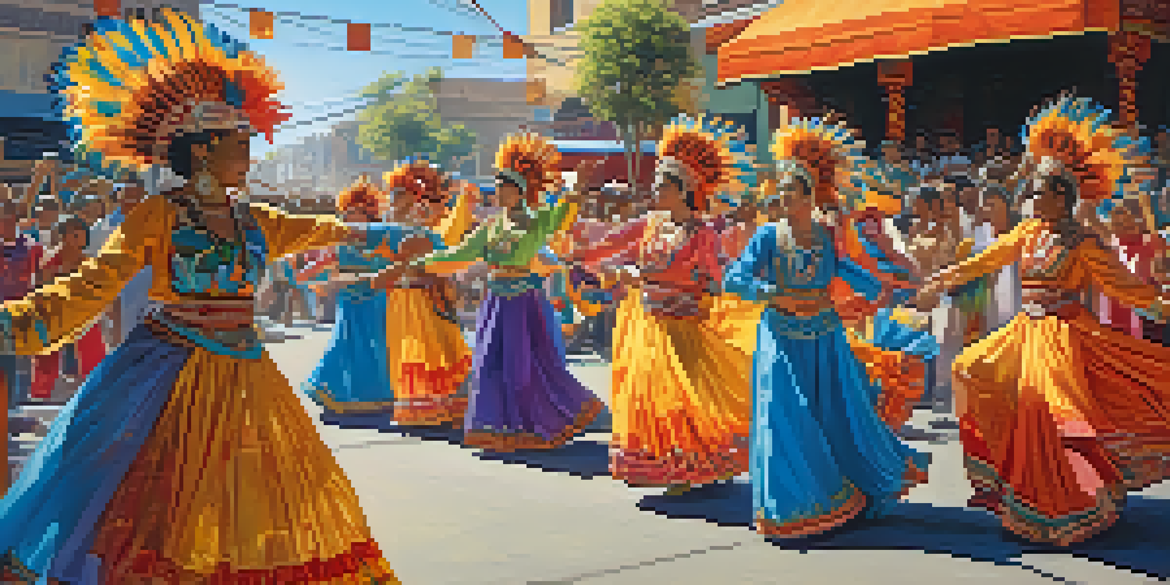 A lively street festival with traditional dancers in colorful costumes performing, surrounded by an engaged crowd and festive decorations.