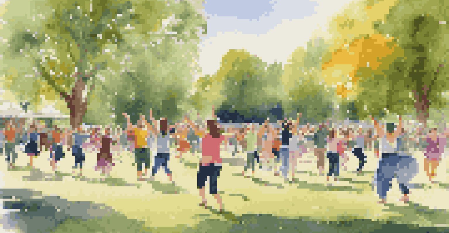 A joyful outdoor dance class in a sunny park, featuring participants of all ages dancing together.