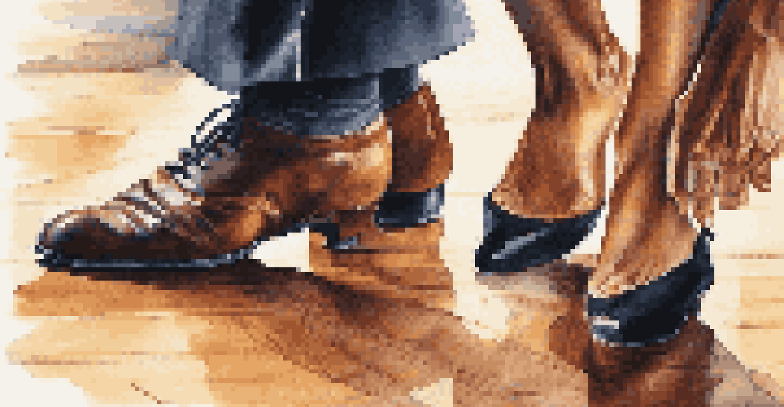 A close-up of tango dancers' feet showcasing intricate footwork on a polished wooden floor, highlighting the elegance of their shoes and movements.