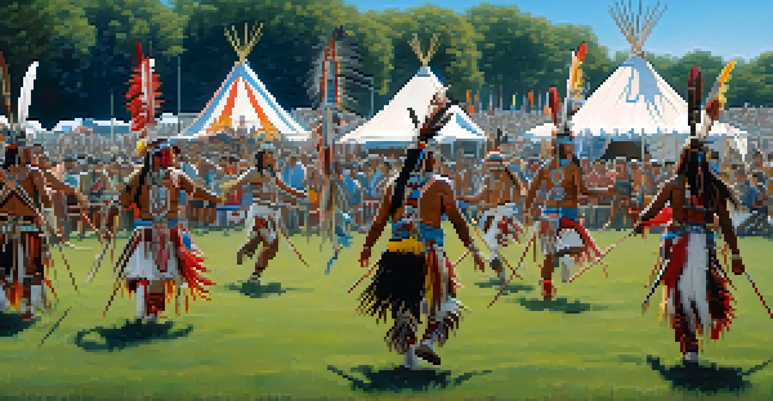Native American dancers in traditional attire at a powwow, surrounded by spectators and tents.