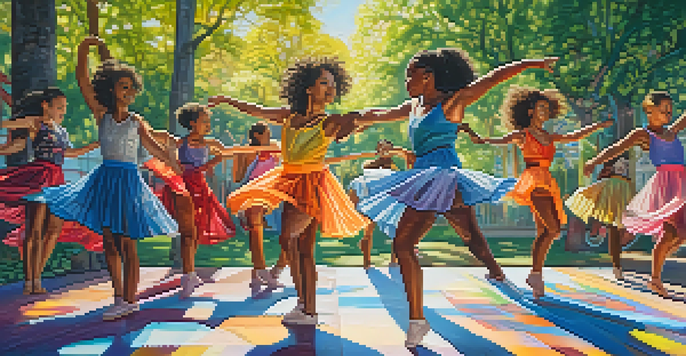 A group of diverse young dancers performing outdoors, surrounded by greenery and colorful murals, showcasing joy and energy.