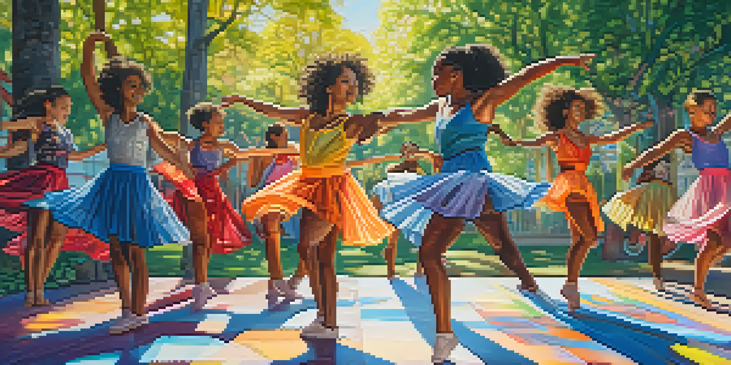 A group of diverse young dancers performing outdoors, surrounded by greenery and colorful murals, showcasing joy and energy.