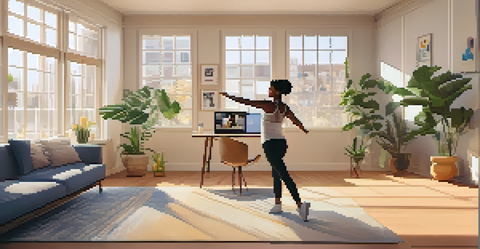 A remote worker happily participating in an online dance class in a cozy living room, with plants and motivational decor.