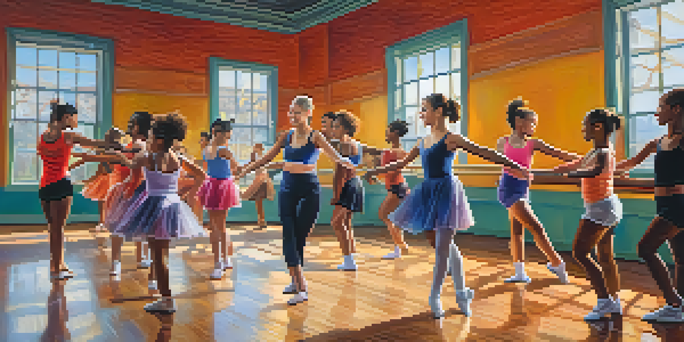 A lively dance studio with dancers of various ages and backgrounds practicing together, surrounded by mirrors and colorful art.