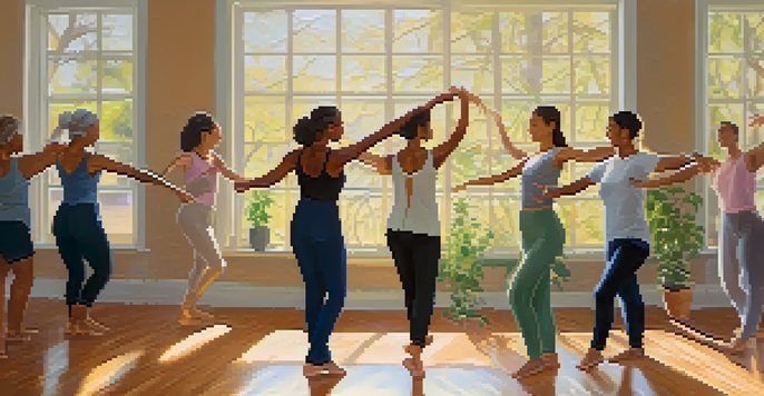 A diverse group of individuals engaged in a dance therapy session in a sunlit studio, expressing emotions through movement.