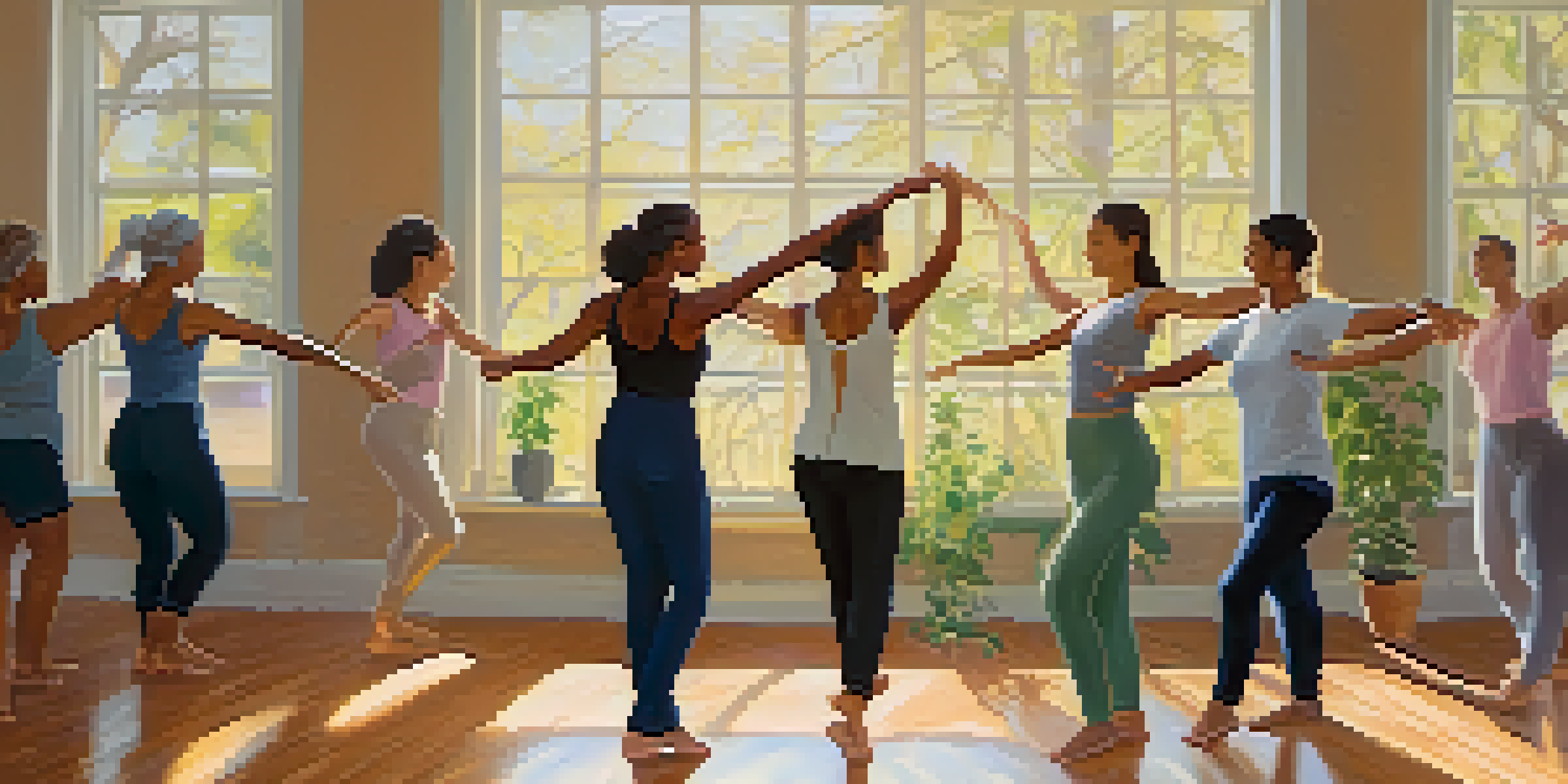 A diverse group of individuals engaged in a dance therapy session in a sunlit studio, expressing emotions through movement.