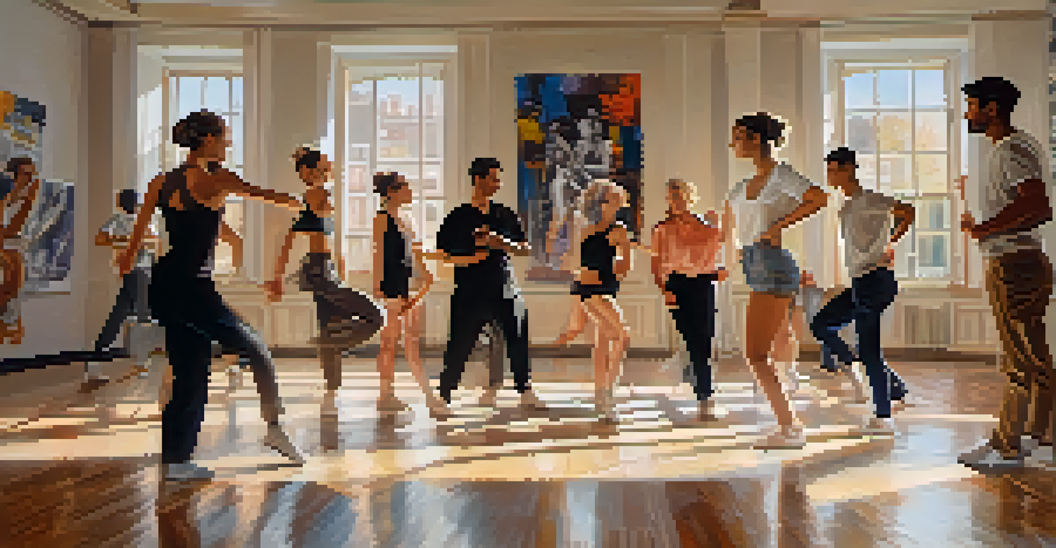 A choreographer and dancers engaged in discussion, surrounded by sketches and an abstract painting, in a warmly lit studio.