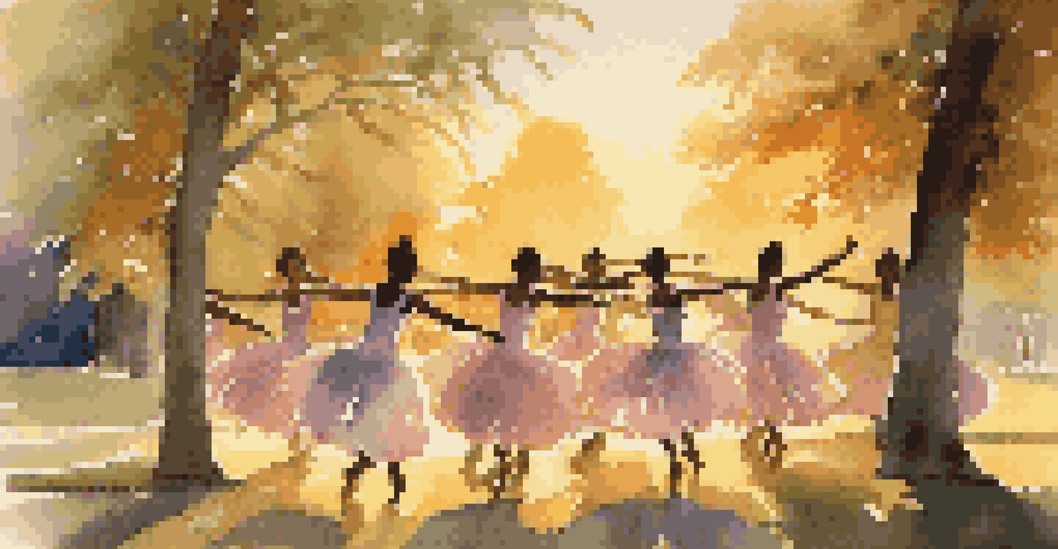 Dancers practicing in a park at sunset, surrounded by nature, showcasing grace and freedom in their movements.