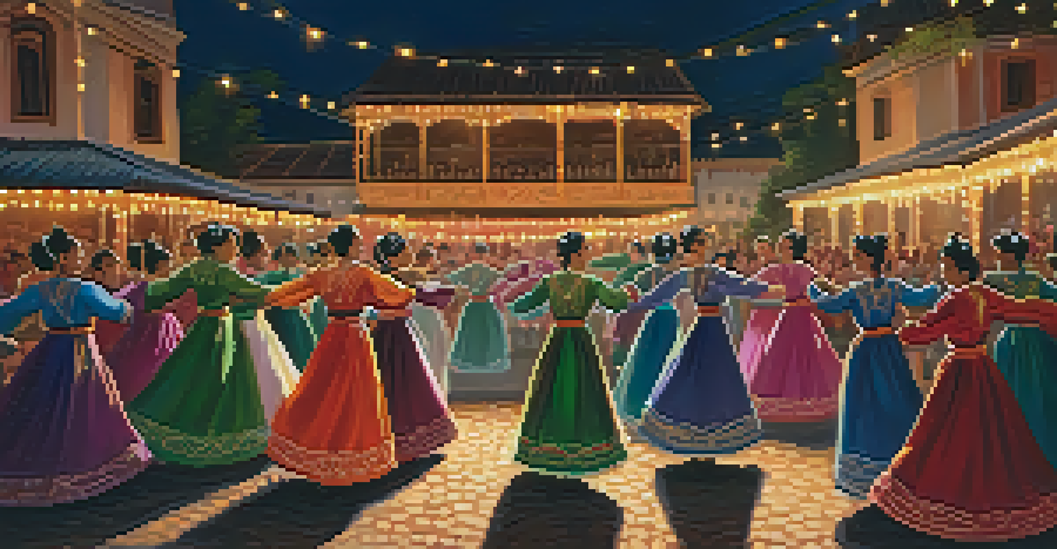 A nighttime folklore dance performance on stage, featuring dancers in traditional embroidered costumes, illuminated by warm lights, with an engaged audience clapping along.