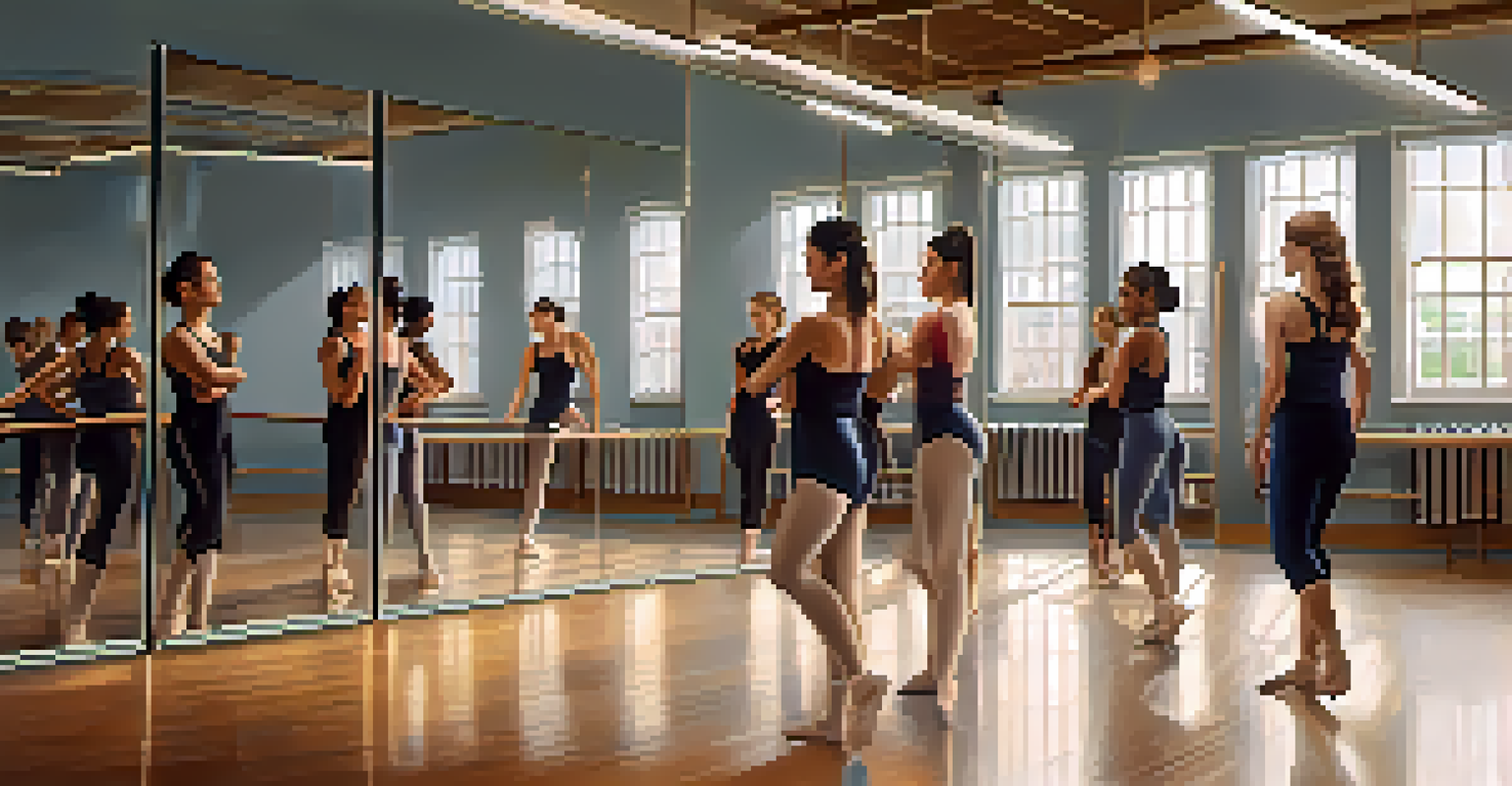 A group of women working together in a dance studio, practicing choreography and showcasing a sense of community and support.