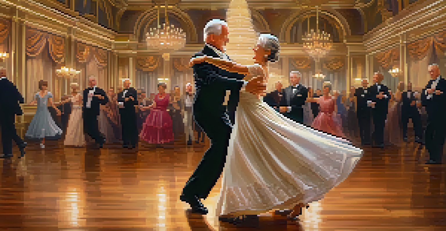 A senior couple gracefully dancing the waltz in a beautifully decorated ballroom, showcasing elegance and joy.