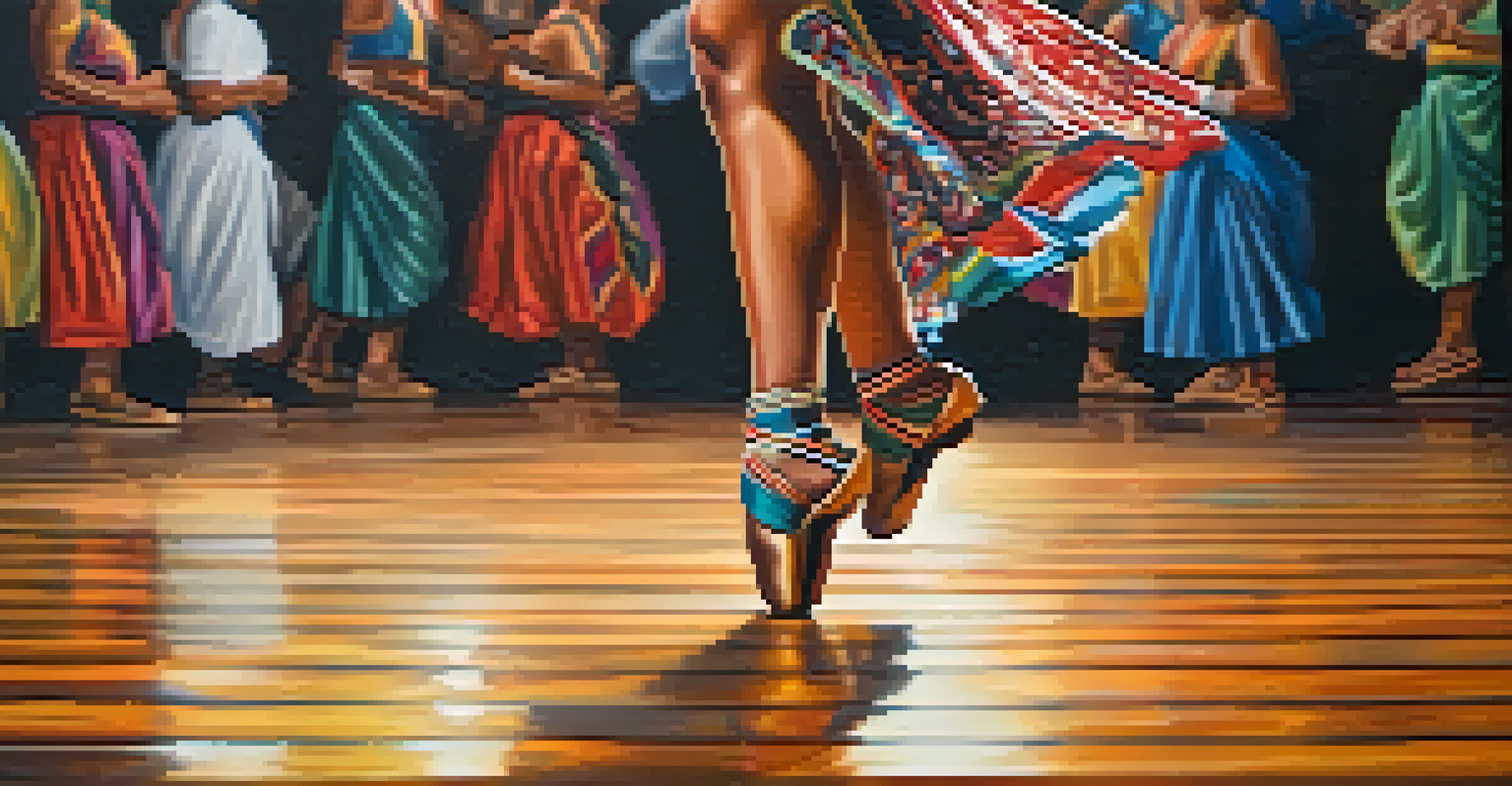 Close-up of a dancer's feet in colorful traditional footwear, showcasing movement on a wooden floor with blurred dancers in the background.