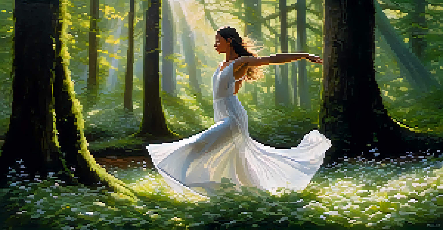 A solo dancer in a flowing white outfit performing in a lush forest with sunlight filtering through the trees.