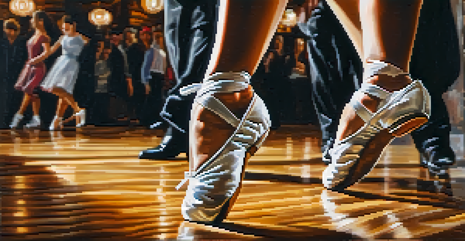 A close-up of a dancer's feet in motion on a polished wooden floor, showcasing their stylish shoes.