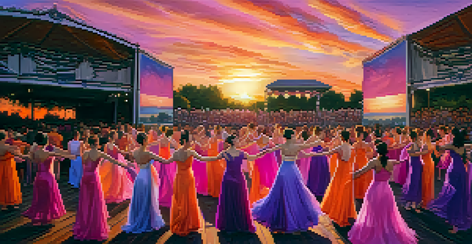 A colorful outdoor dance performance at sunset with dancers in flowing costumes, an audience engaged with the performance.