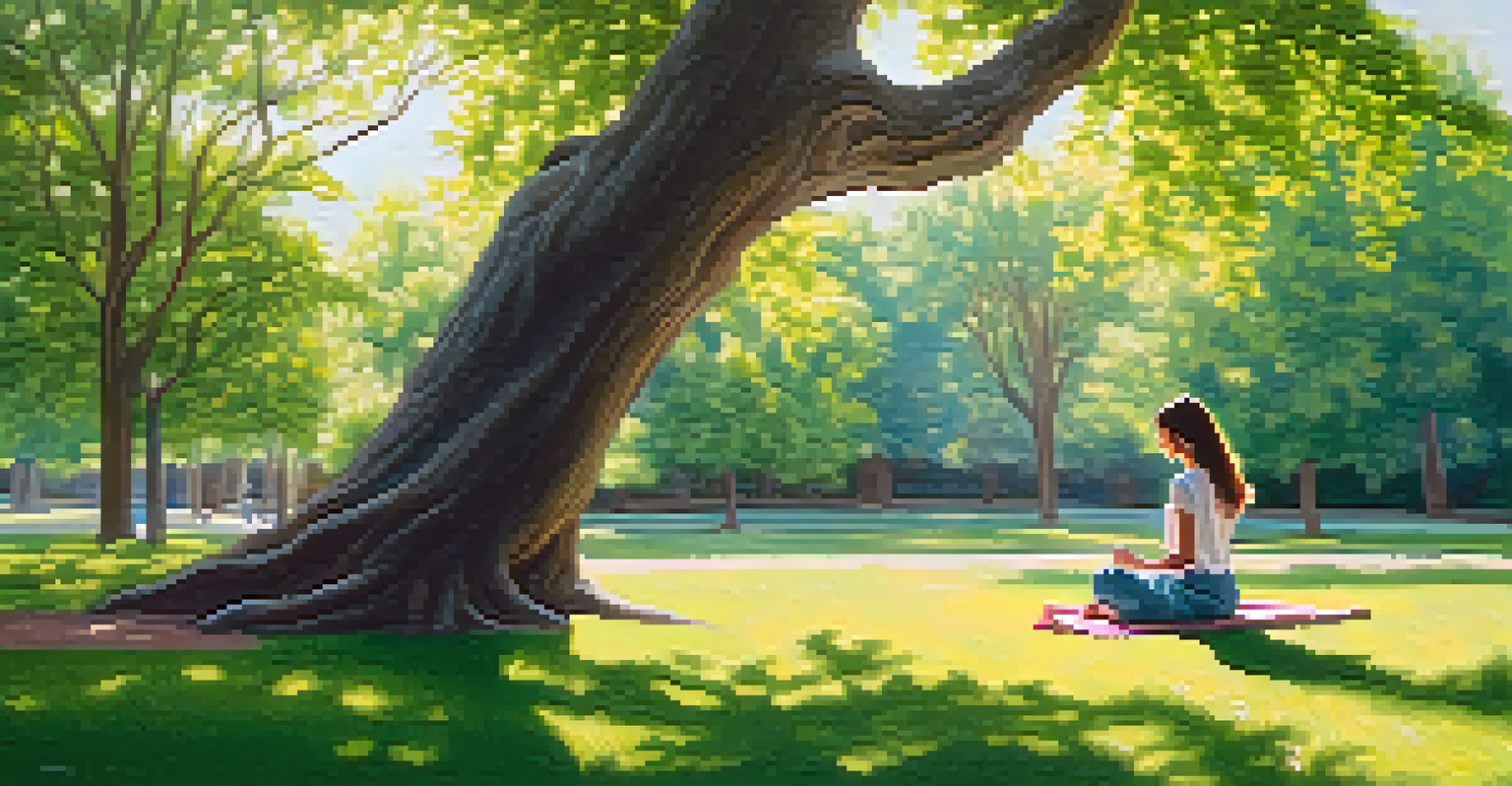 A person practicing mindfulness through gentle movement in a tranquil outdoor park, surrounded by nature and sunlight.