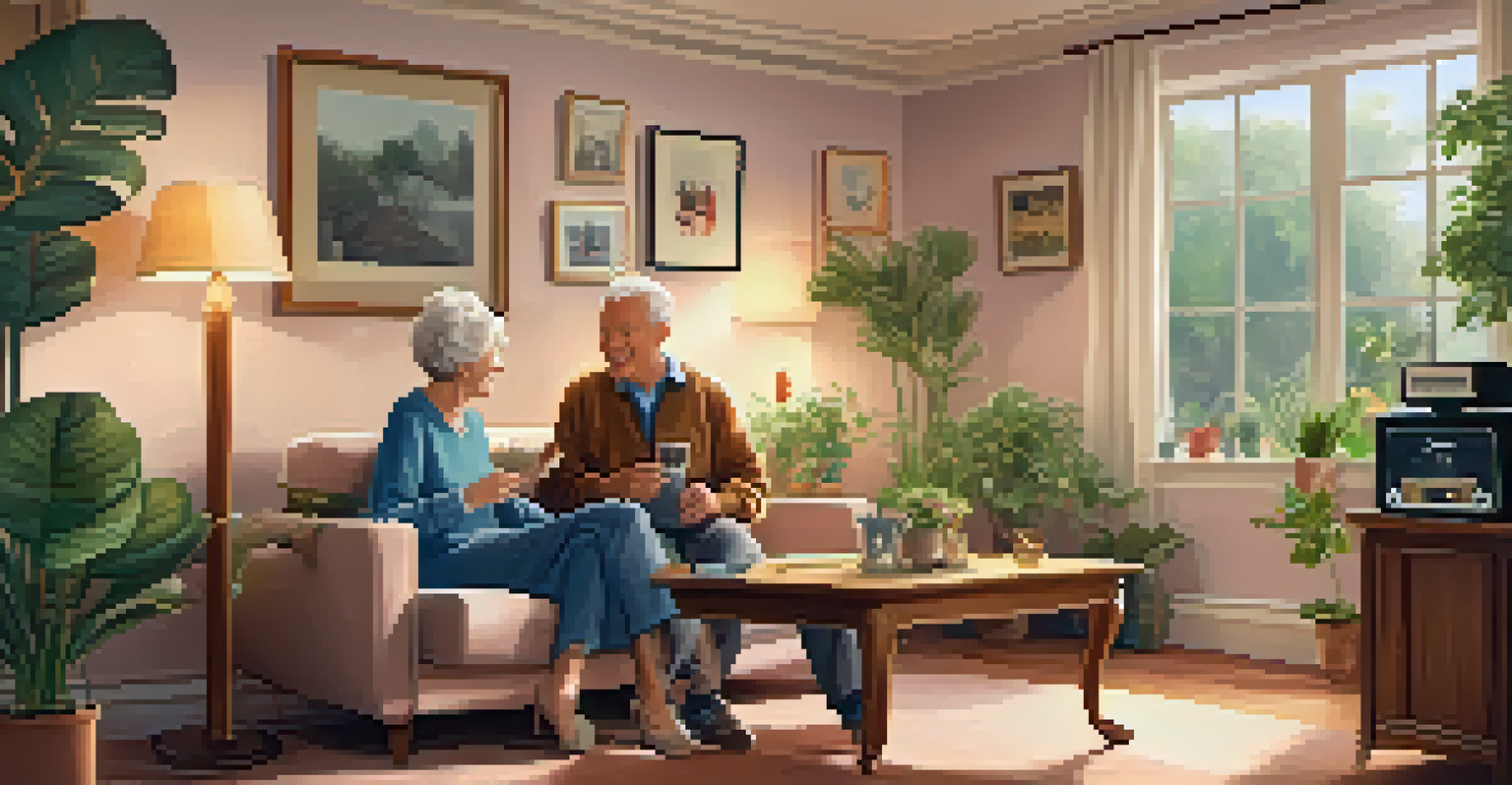 An elderly couple dancing together in a cozy living room, enjoying their time with a record player in the background.