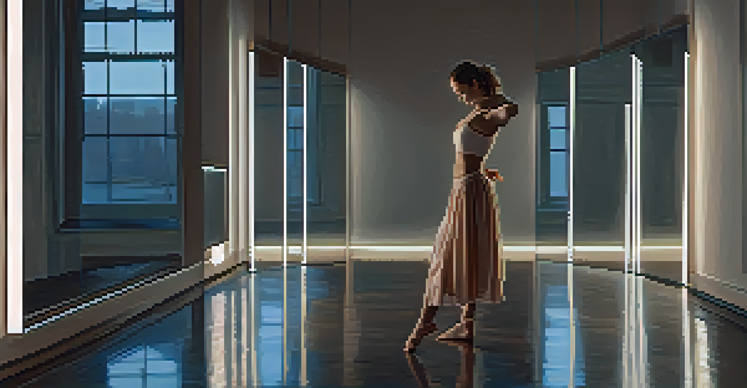 A dancer practicing alone in a quiet studio, reflecting a moment of self-acceptance and body love.