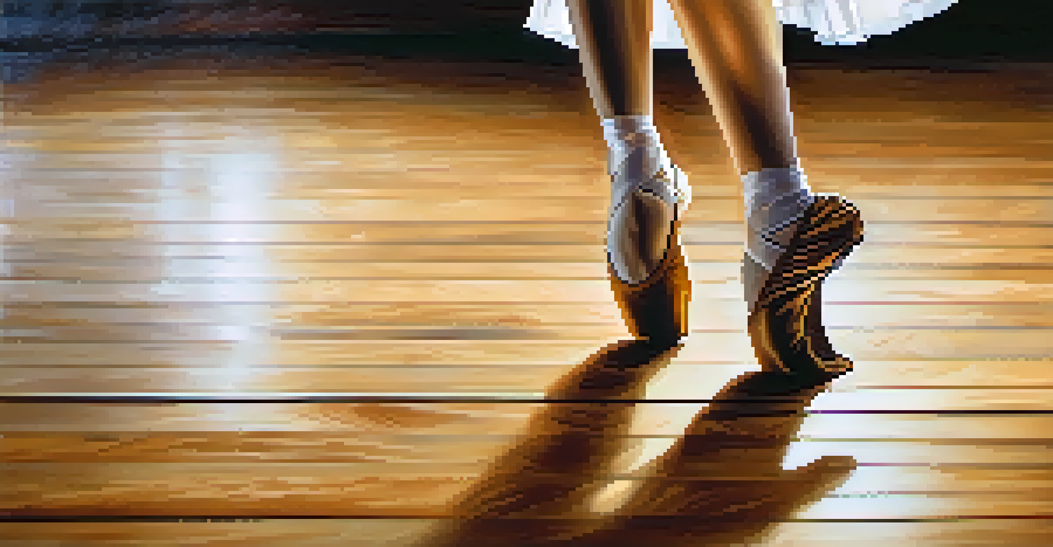 A close-up of a dancer's feet performing intricate footwork on a polished wooden stage, focusing on the elegant dance shoes.