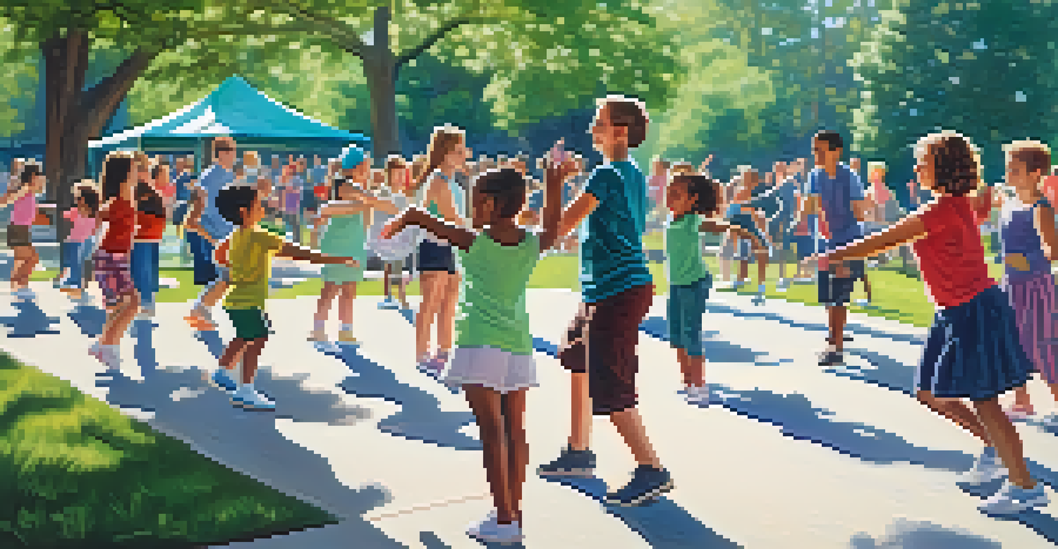 A diverse group of people participating in an outdoor dance class in a park, learning together with smiles under the sunlight.