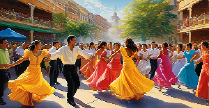 A lively salsa dance festival with dancers in colorful costumes celebrating in an outdoor plaza.