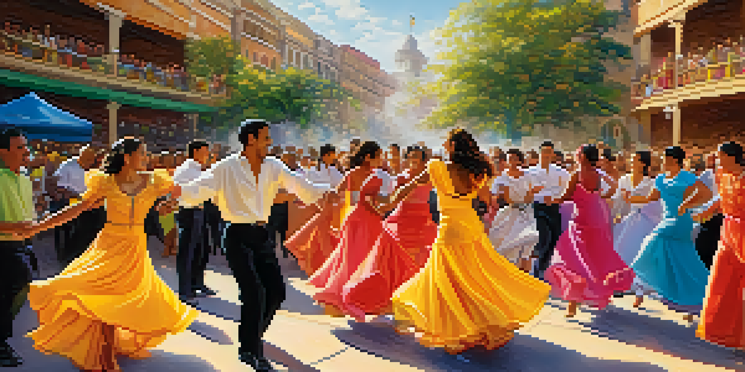 A lively salsa dance festival with dancers in colorful costumes celebrating in an outdoor plaza.