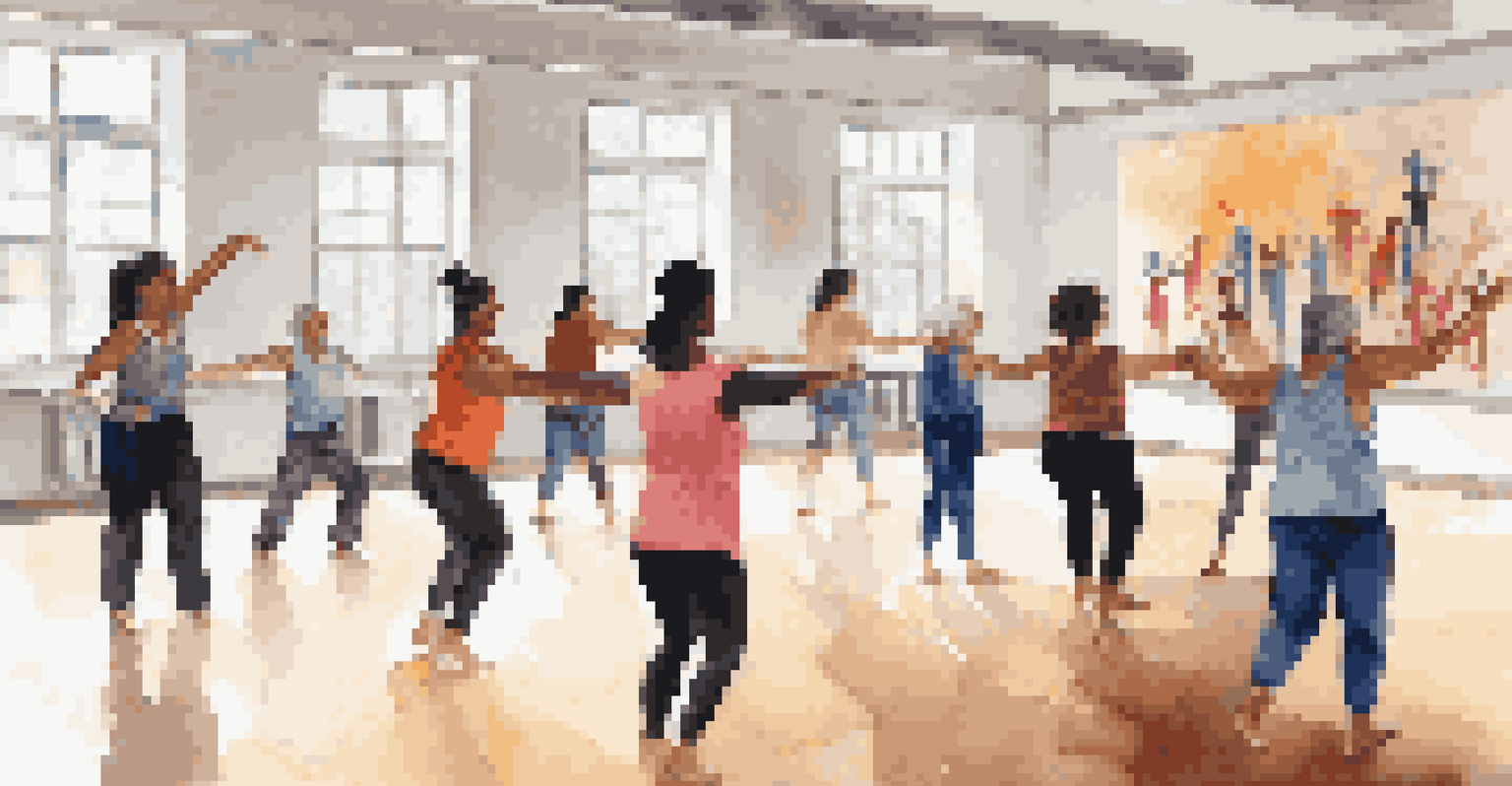 A community dance workshop in a bright studio, with participants of different ages and backgrounds engaged in movement exercises, surrounded by colorful artworks.