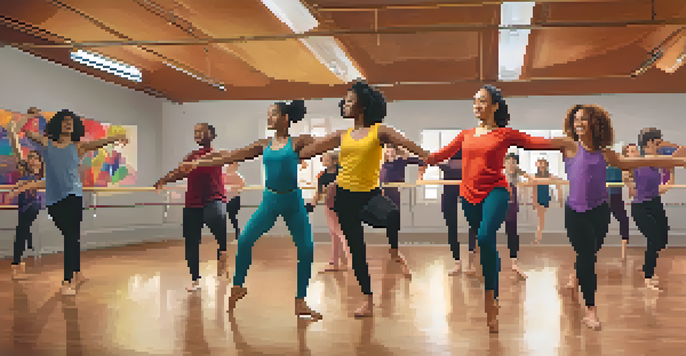 A lively dance studio with diverse dancers of different abilities participating in a class, illuminated by soft lighting and decorated with colorful banners about neurodiversity.