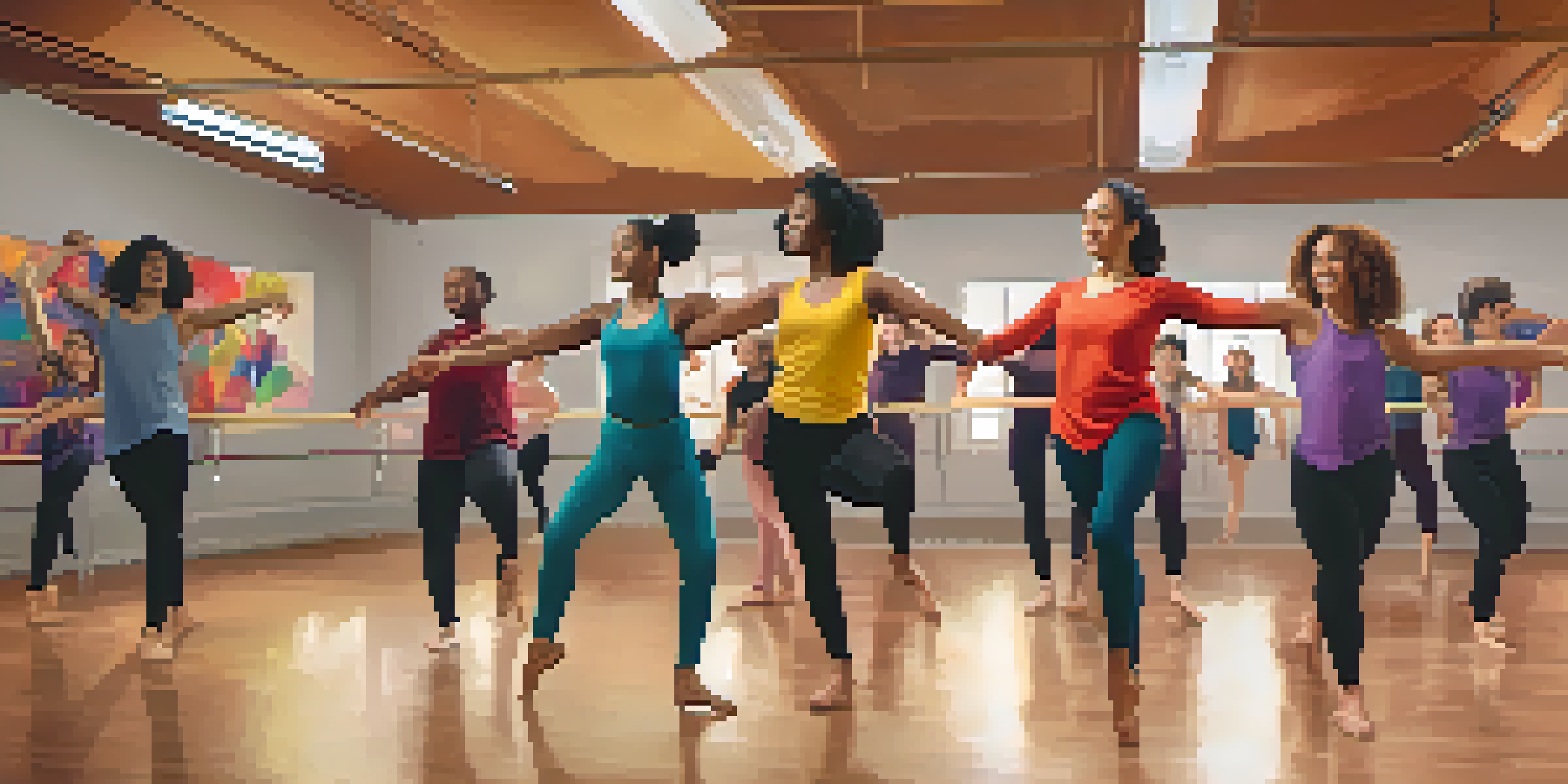 A lively dance studio with diverse dancers of different abilities participating in a class, illuminated by soft lighting and decorated with colorful banners about neurodiversity.