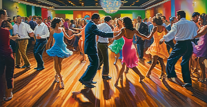 A diverse group of people joyfully dancing on a vibrant dance floor with colorful lights and polished wooden floors.