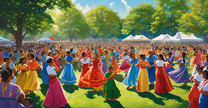 A lively outdoor dance event with dancers in colorful costumes performing traditional dances, surrounded by an engaged audience in a sunny park.
