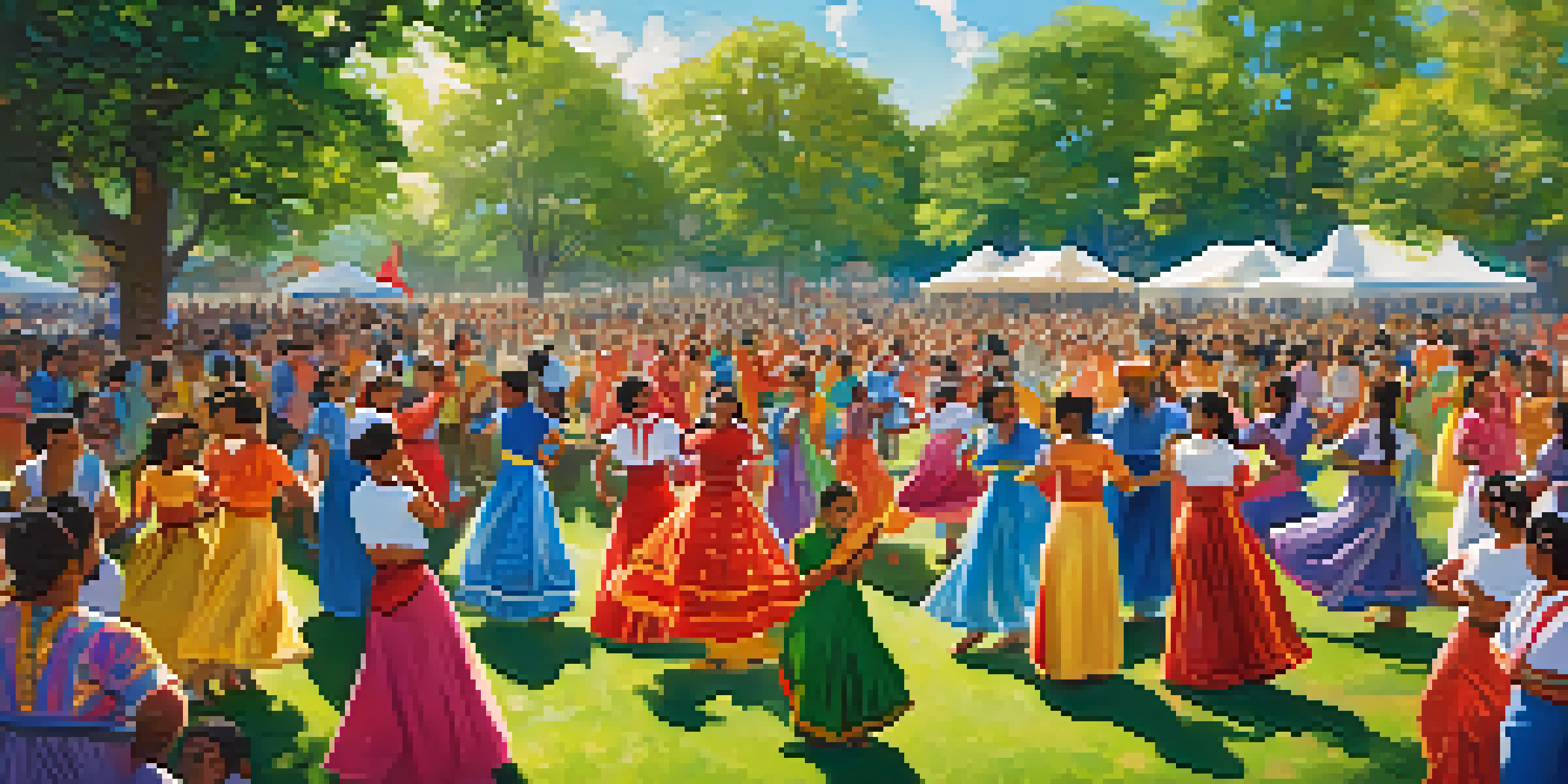 A lively outdoor dance event with dancers in colorful costumes performing traditional dances, surrounded by an engaged audience in a sunny park.