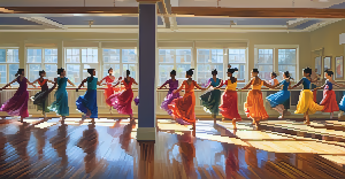 A lively dance studio with dancers in colorful costumes practicing various dance styles, illuminated by sunlight.