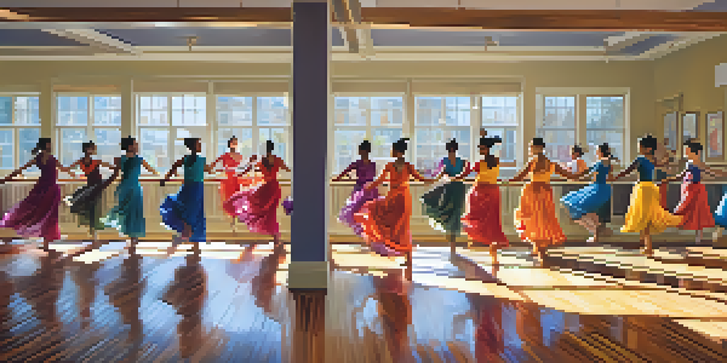 A lively dance studio with dancers in colorful costumes practicing various dance styles, illuminated by sunlight.