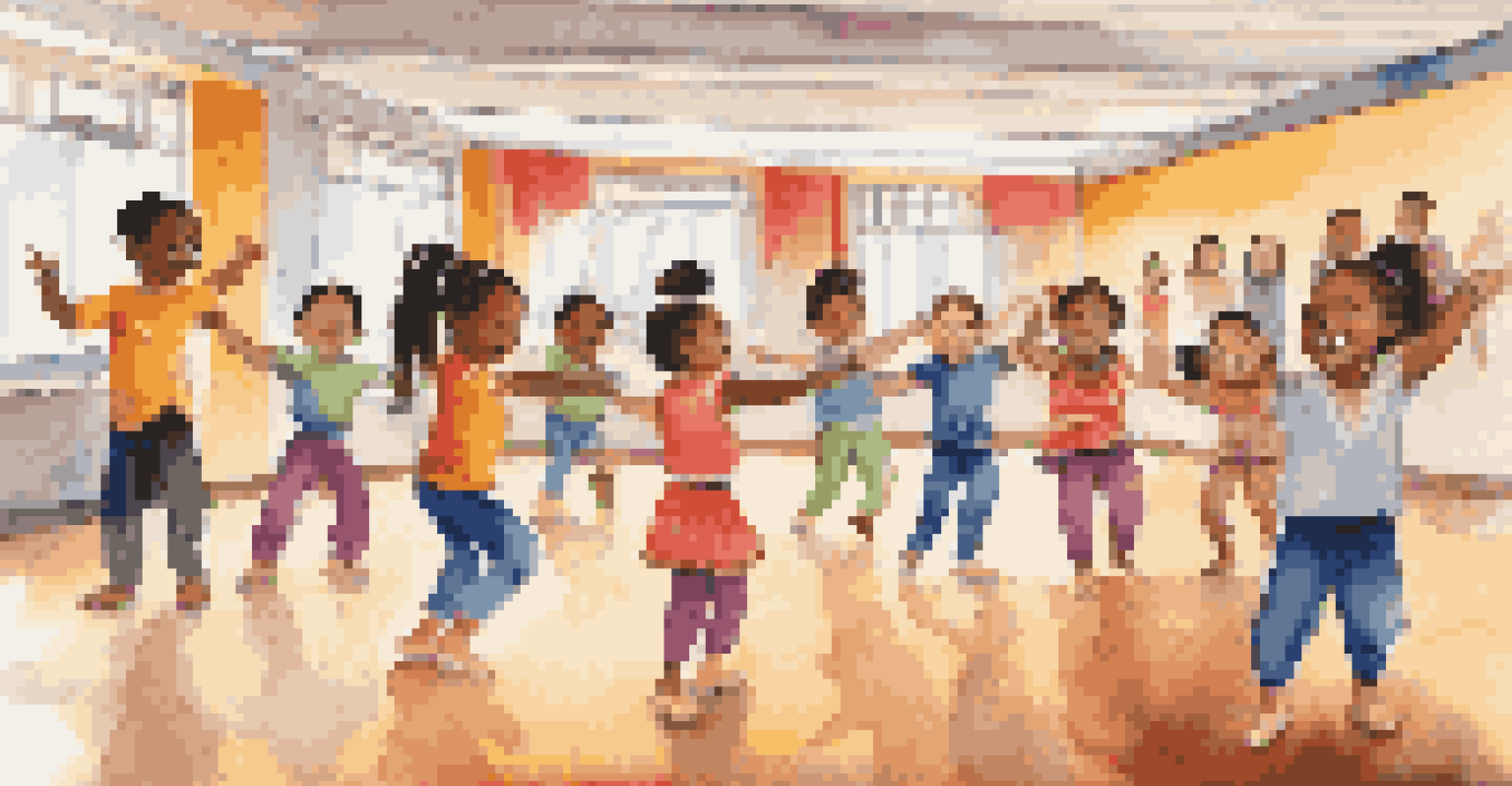 A diverse group of children happily participating in a dance workshop, practicing traditional moves with an instructor in a colorful and bright room.