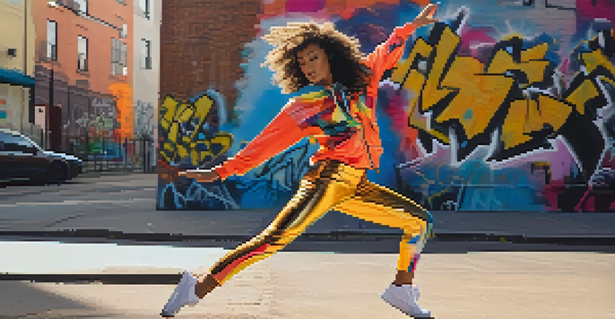 A dancer in a colorful outfit performing in an urban environment, with graffiti art and golden hour lighting.