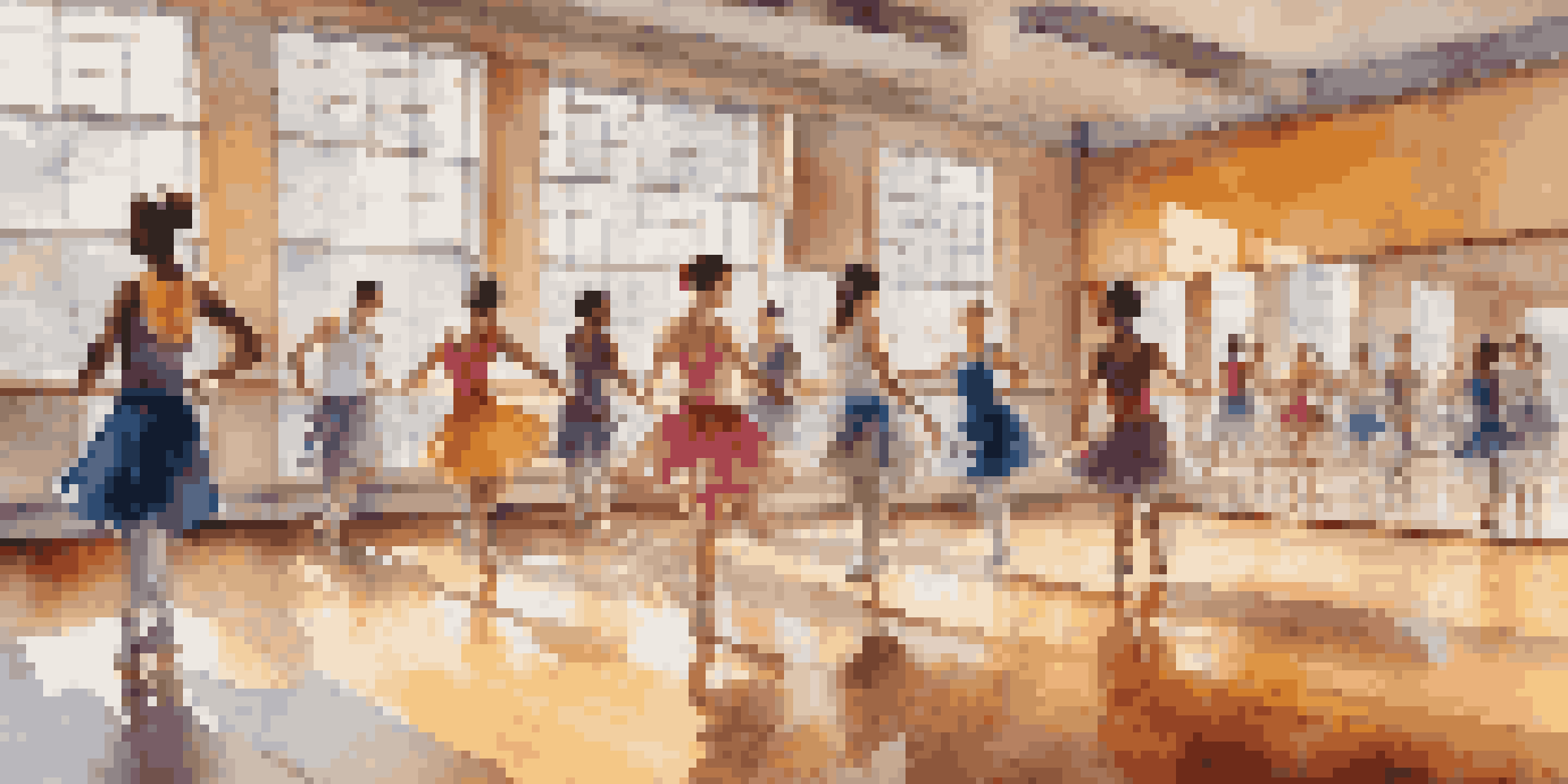 A lively dance studio with people of different backgrounds practicing various dance styles under bright natural light.