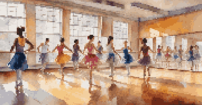 A lively dance studio with people of different backgrounds practicing various dance styles under bright natural light.